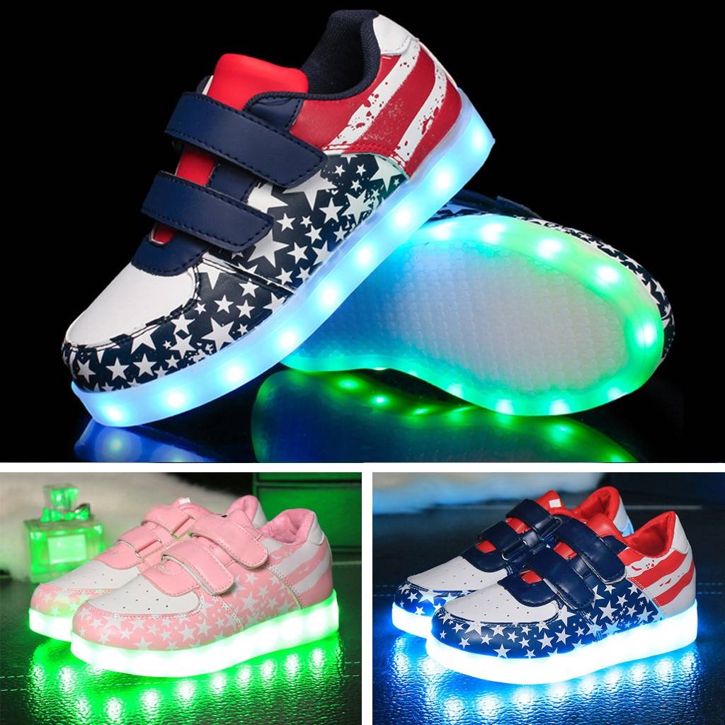 Новинка 2019 года; дышащая Спортивная обувь для маленьких девочек с флагом USB; Светодиодный свет; кроссовки; Прямая поставка