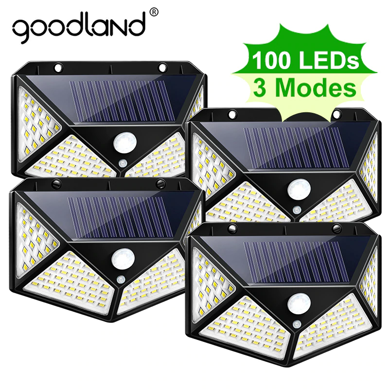 Уличная лампа Goodland, светодиодная с питанием от солнечной батареи и датчиком движения, 100 светодиодов