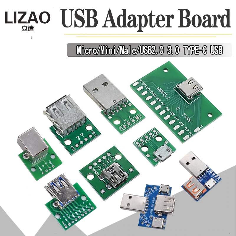 5 шт., USB разъем типа «папа»/MINI MICRO USB Для DIP-адаптера, гнездовой разъем 2,54, Разъем B Type-C USB2.0 3,0, гнездовой преобразователь PCB