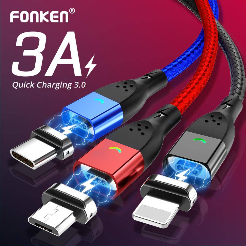 Магнитный кабель FONKEN Micro USB Тип C магнитные зарядные кабели магнитное зарядное устройство для iPhone Samsung Huawei Xiaomi Быстрая зарядка
