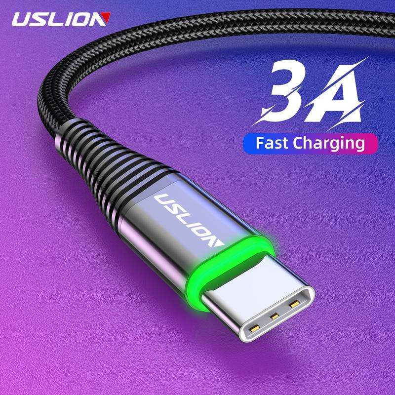 USB Type C кабель USLION, кабель для быстрой зарядки для Samsung Galaxy Xiaomi Huawei Note 7, 0,5 м/1 м/2 м, светодиодный, 3 А, кабель для передачи данных, зарядное устройство, шнур
