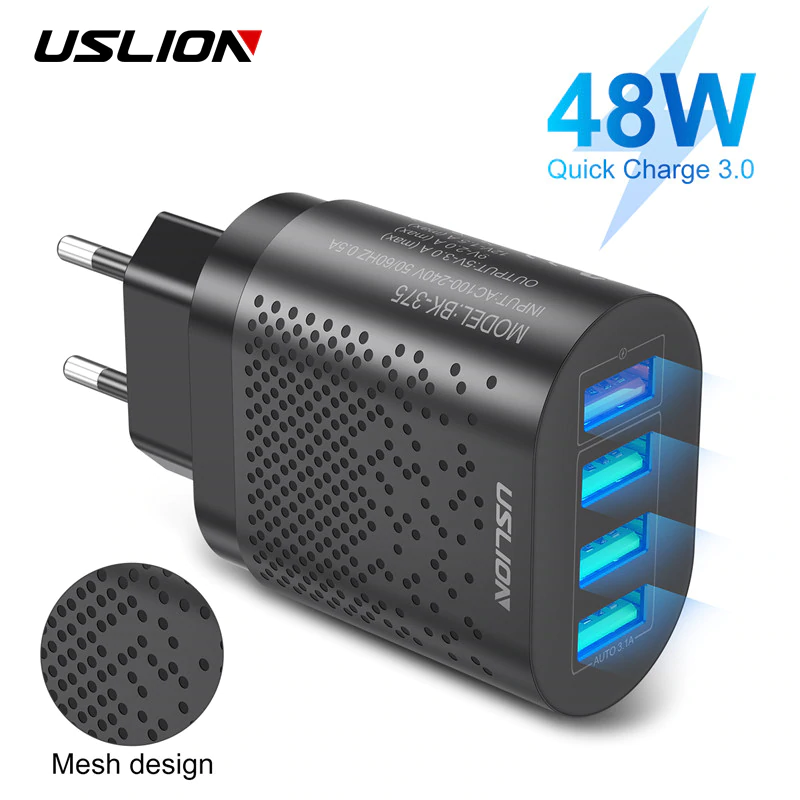 USLION EU/US Plug USB зарядное устройство 3A Quik Charge 3,0 мобильный телефон зарядное устройство для iPhone 11 Samsung Xiaomi 4 порта 48 Вт Быстрая зарядка