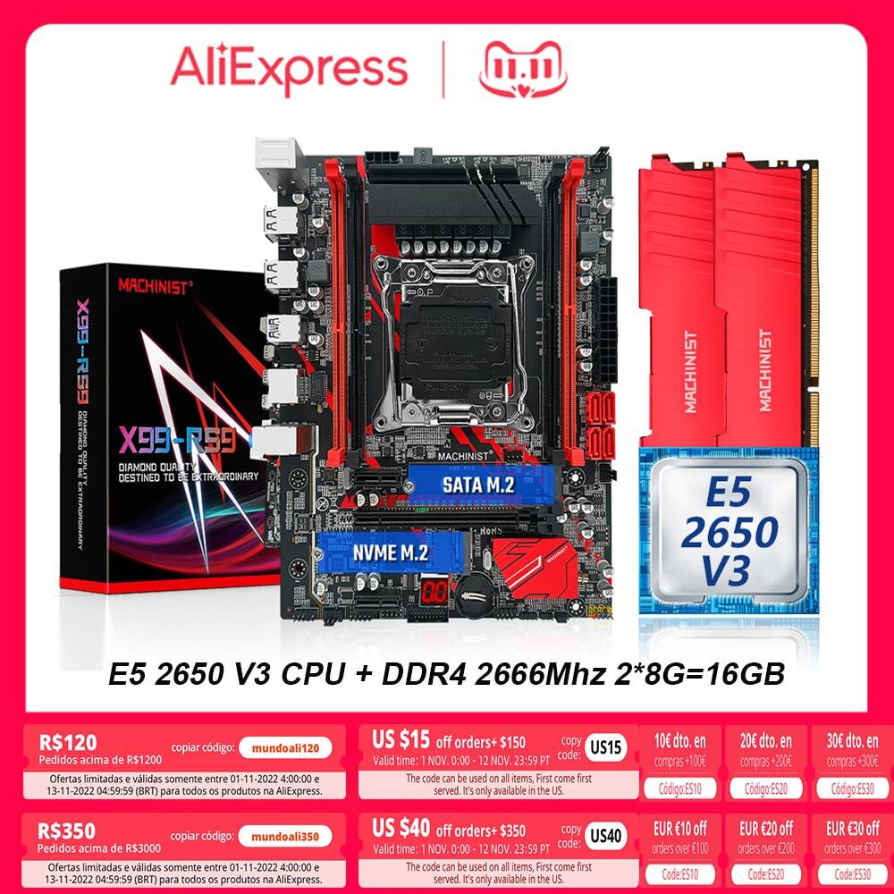 MACHINIST X99 Kit материнская плата с Xeon E5 2650 V3 CPU 2x8 ГБ = 16 Гб DDR4 2666 МГц RAM Memory LGA 2011-3 Combo ATX NVME M.2 RS9