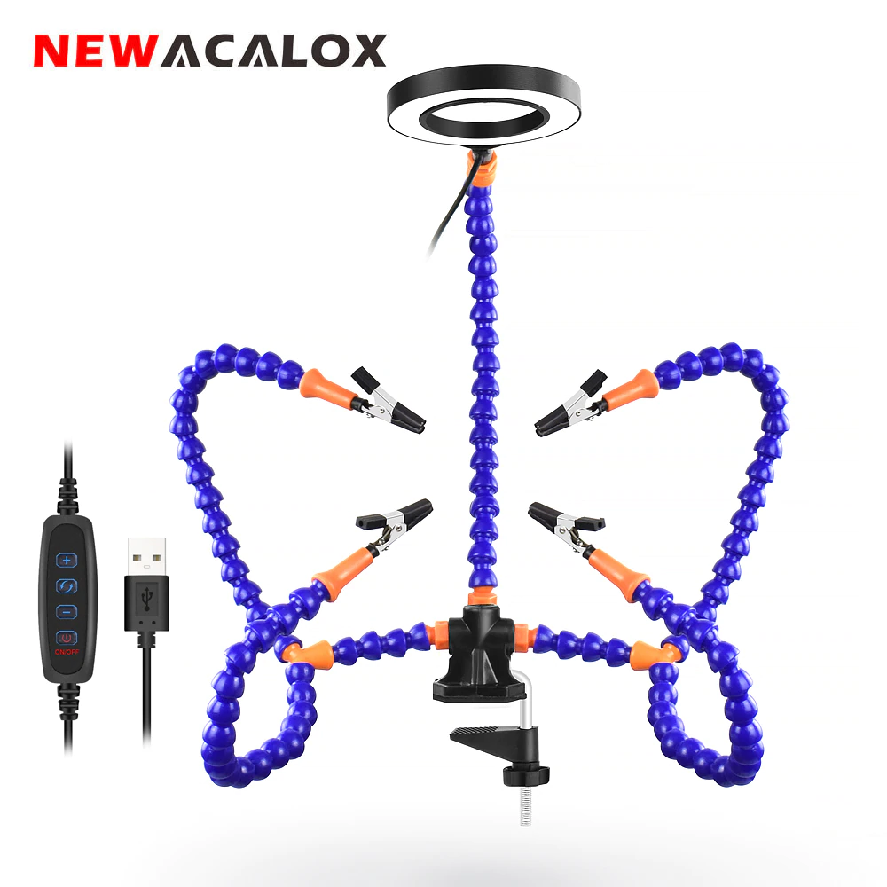 NEWACALOX настольная клипса PCB подставка для паяльника 3X лупа светодиодный светодиодной подсветкой для сварки Рука помощи Гибкая рука паяльник Третий ручной инструмент
