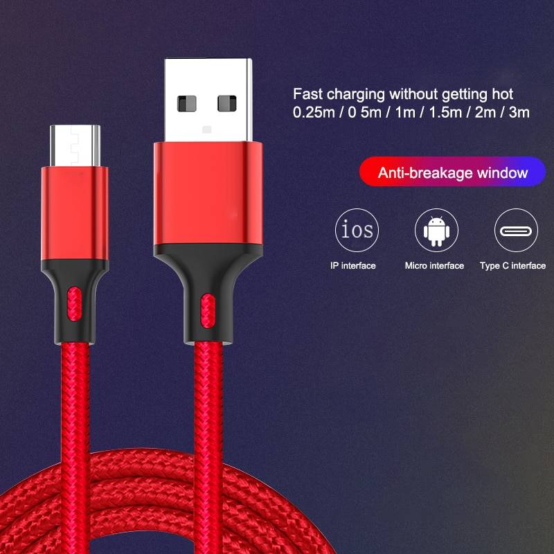 Нейлоновый Кабель Micro-USB в оплетке 0,25 м/1 м/2 м/3 м кабель для синхронизации данных и зарядки USB для планшетов USB Тип C Android USB телефонные кабели