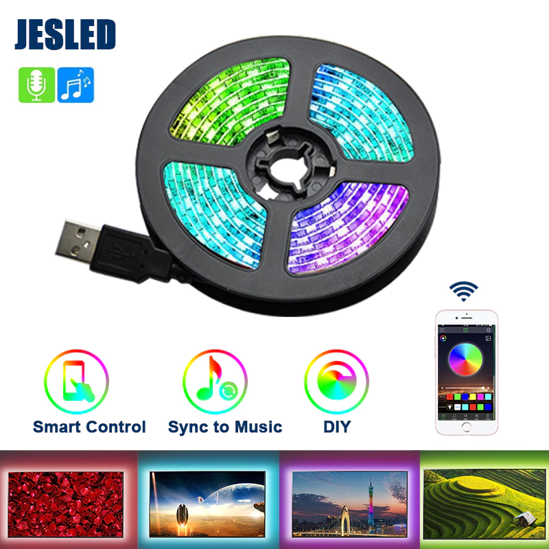 JES светодиодный RGB светодиодный светильник полосы USB 5050SMD гибкая лента Гостиная светодиодный ночной Светильник 0,5/1/2/3 м подходит для ответа на звонки и прослушивания музыки APP Управление