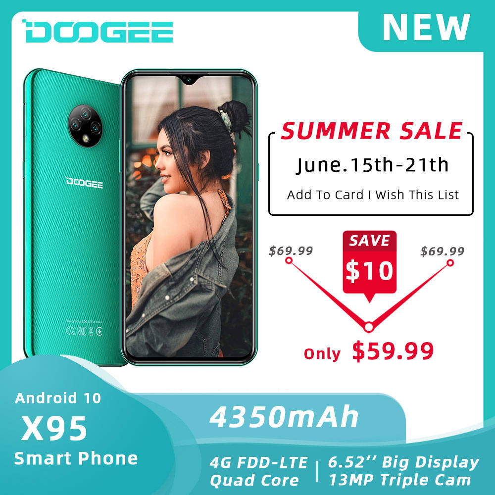 DOOGEE X95 мобильный телефон Android 10 OS 4G-LTE мобильные телефоны 6,52 "MTK6737 16 Гб ROM Две sim-карты 13 МП Тройная камера 4350 мАч смартфоны