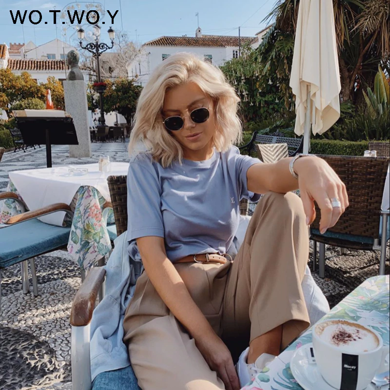 Женская футболка с короткими рукавами WOTWOY, повседневная однотонная трикотажная футболка в Корейском стиле, 7 цветов, для лета