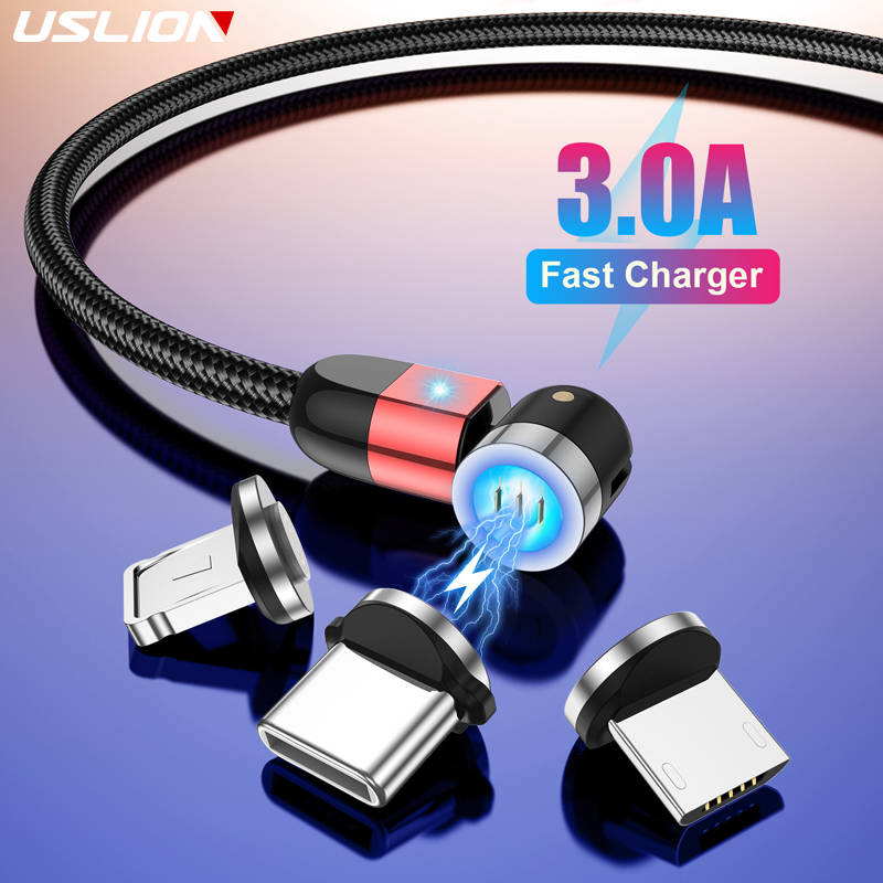 Магнитный кабель USLION 3A usb для быстрой зарядки Type-C, магнитный кабель Micro usb для iPhone 8 7 6 XS Plus Samsung Xiaomi usb c