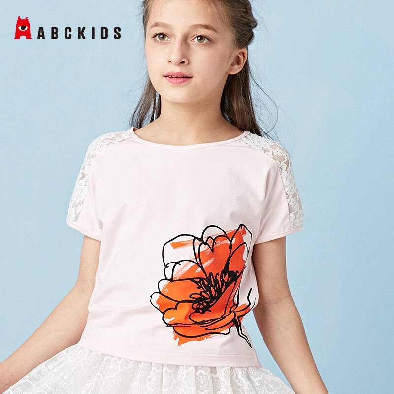 ABCkids/Новые дизайнерские футболки с цветочным принтом для девочек топы с кружевными плечами и короткими рукавами; Летние футболки для детей; Детские футболки