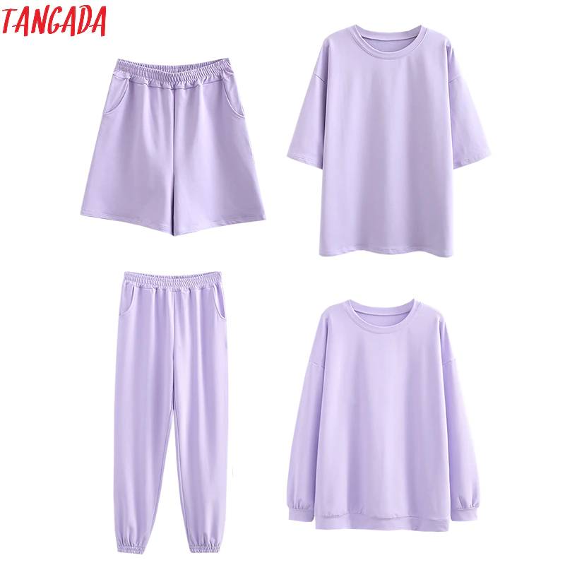 Tangada 2020 осенние женские махровые 95% хлопок костюм свободные комплекты Круглая горловина толстовки с капюшоном шорты, штанишки, костюмы, 6L30